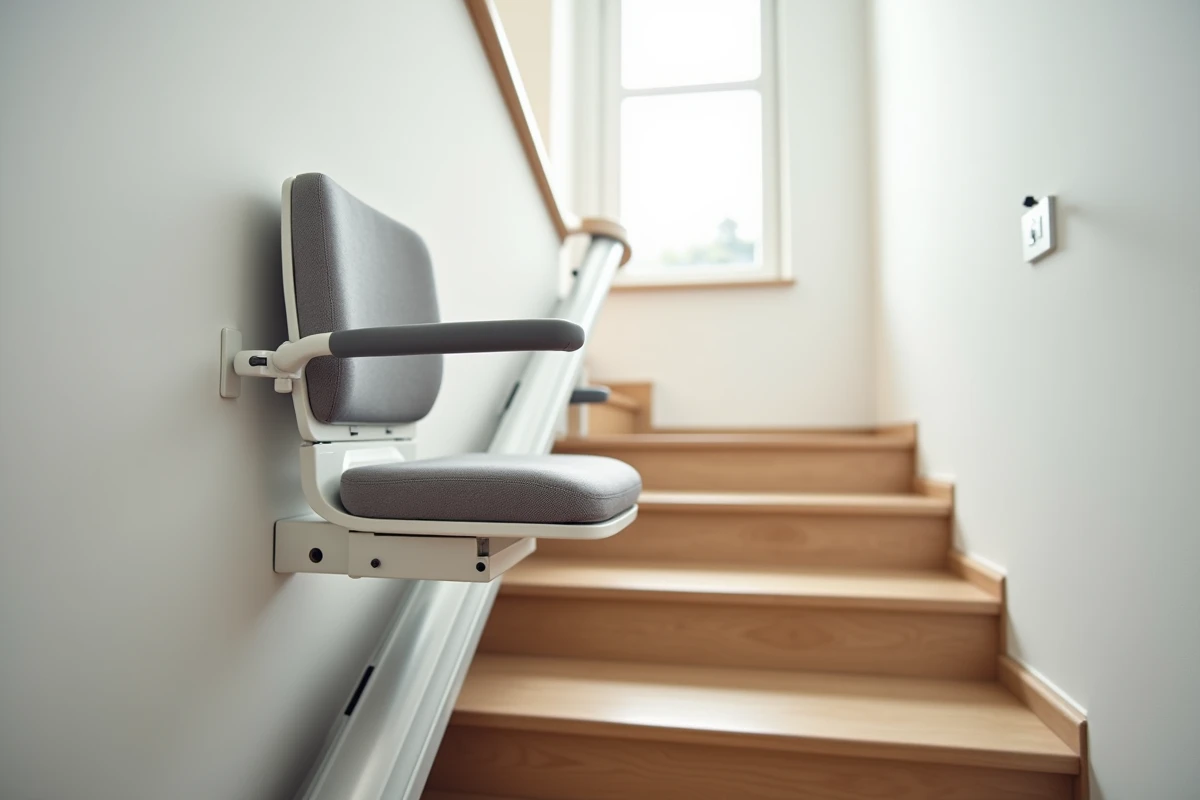 Gros plan sur un fauteuil monte-escalier fixe installé sur un escalier courbe dans un appartement contemporain, sans occupant