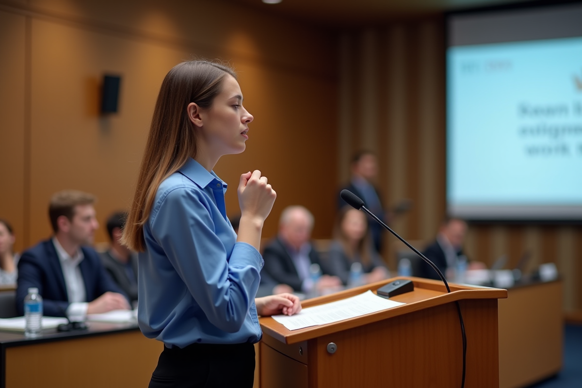 Jeune femme en prise de parole lors d'une conférence