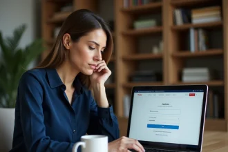 Femme se connectant à son espace bénéficiaire Logisfil sur un ordinateur portable depuis son bureau à domicile