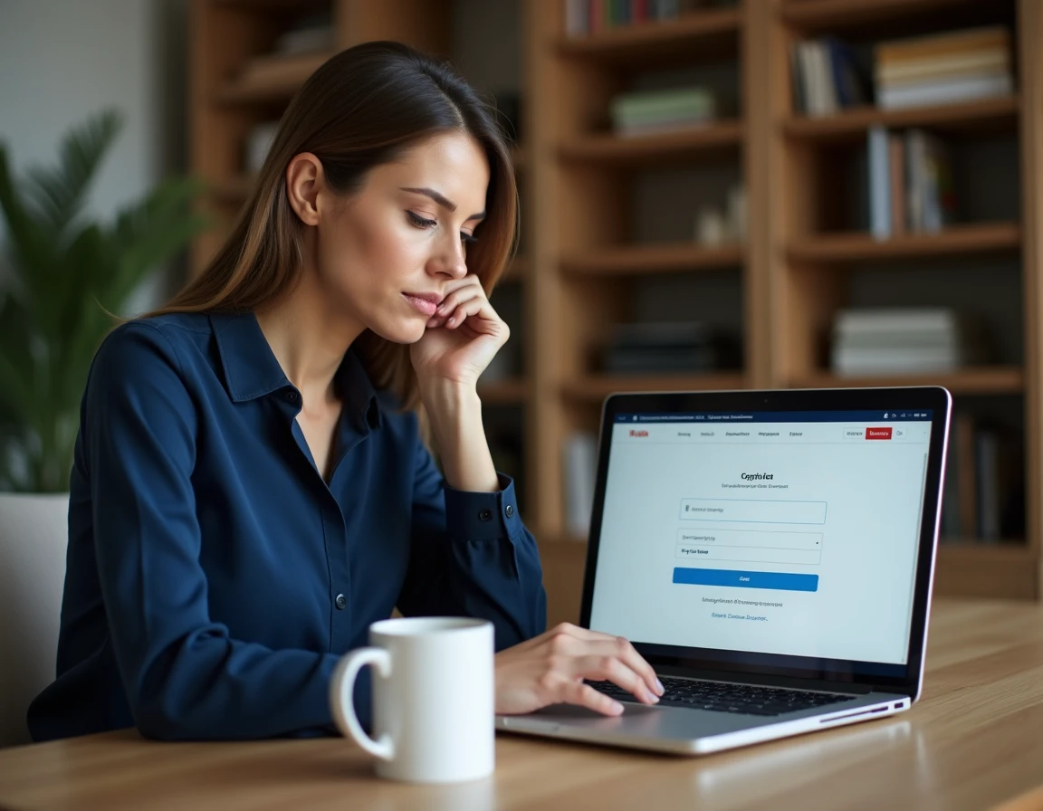 Femme se connectant à son espace bénéficiaire Logisfil sur un ordinateur portable depuis son bureau à domicile