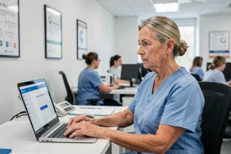 Infirmière en blouse bleue se connectant à un portail de soins sécurisé depuis un poste de travail en établissement médical