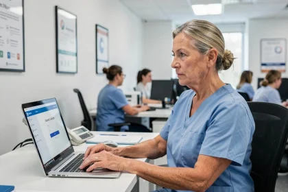 Infirmière en blouse bleue se connectant à un portail de soins sécurisé depuis un poste de travail en établissement médical