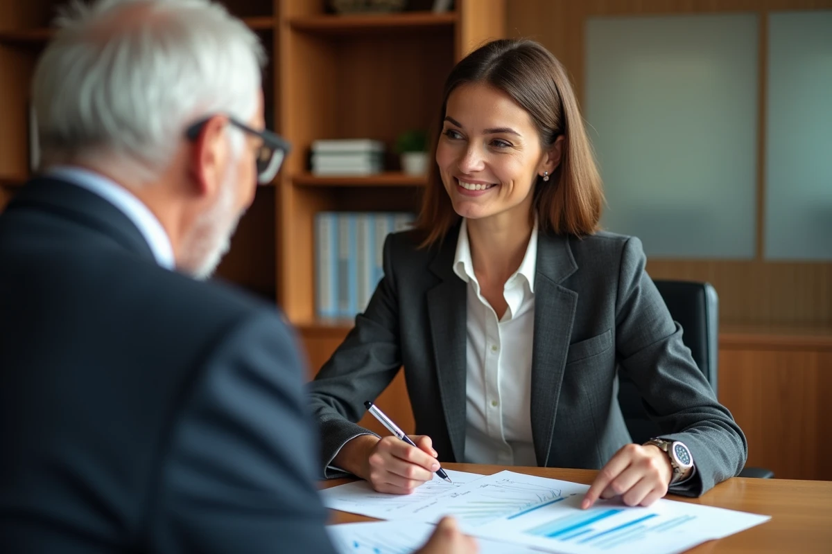Conseillère financière expliquant les scénarios de revalorisation Agirc-Arrco 2026 à un client retraité lors d'un rendez-vous en agence