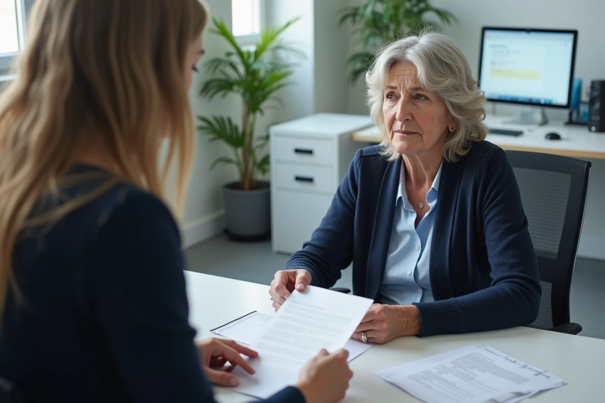 Une femme en préretraite discute de ses trimestres de retraite avec un conseiller dans un bureau administratif