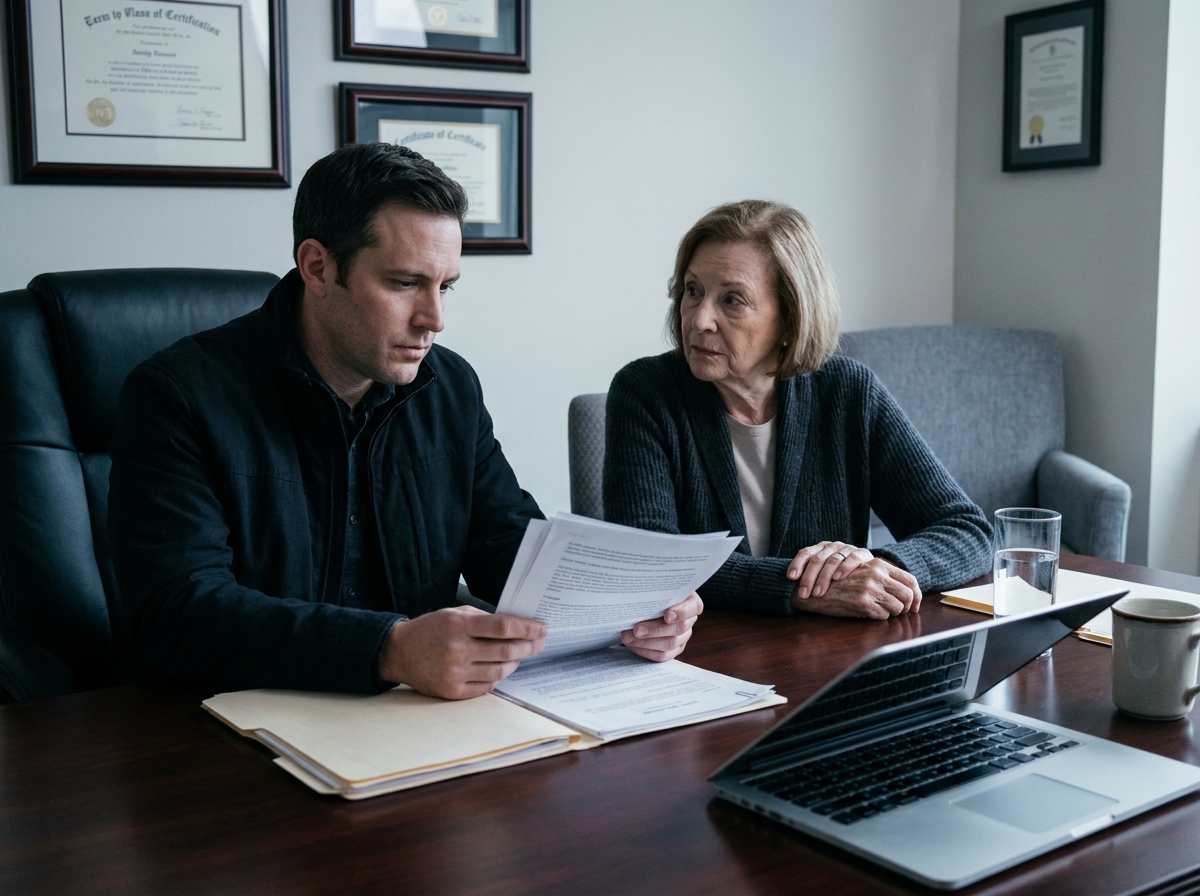 Un homme et une femme âgée en consultation avec un conseiller pour les démarches après un décès