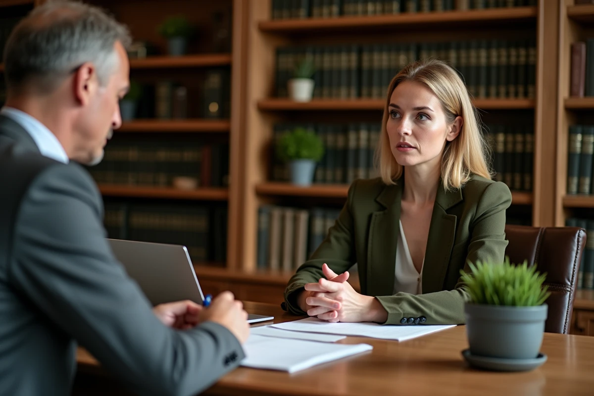 Femme consultant un notaire pour évaluer l'impact d'un héritage ou d'un divorce sur le calcul des frais de maison de retraite de son parent