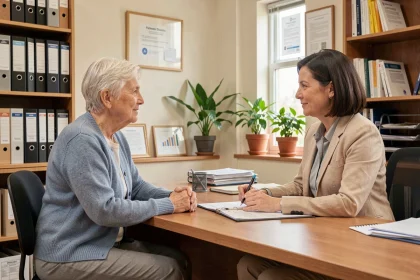 Femme âgée en consultation avec une assistante sociale dans un bureau administratif, illustrant les droits des personnes âgées en 2026