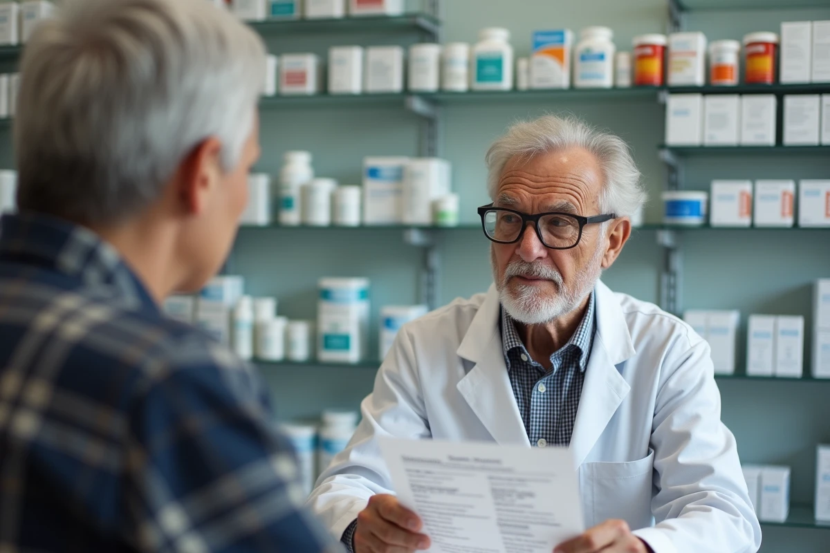 Homme âgé en consultation avec une pharmacienne discutant de la polymédication et des interactions médicamenteuses en pharmacie
