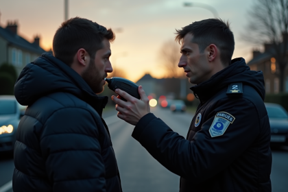 Agent de police français effectuant un test d'alcoolémie au bord de la route
