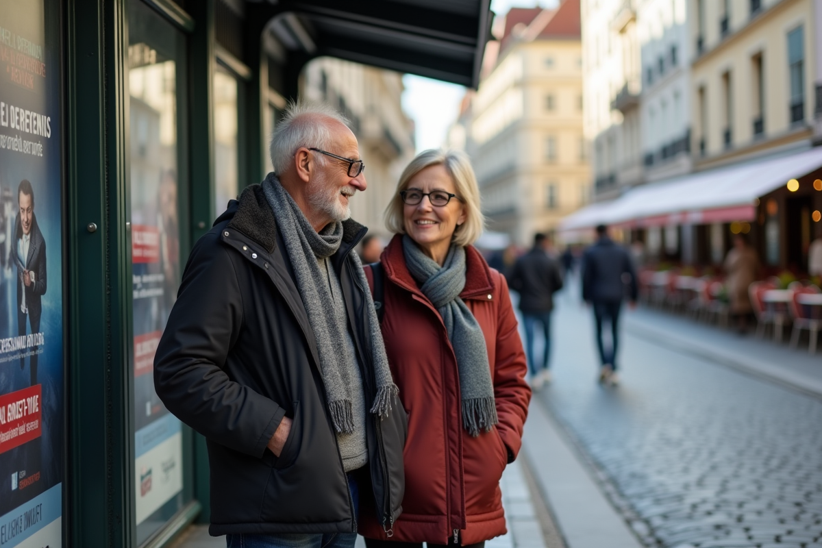 Couple retraité français attendant au bus dans la ville