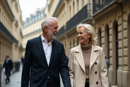 Couple élégant dans la soixantaine se promenant dans une rue parisienne haussmannienne, illustrant la vie amoureuse de Michel Platini et sa nouvelle compagne