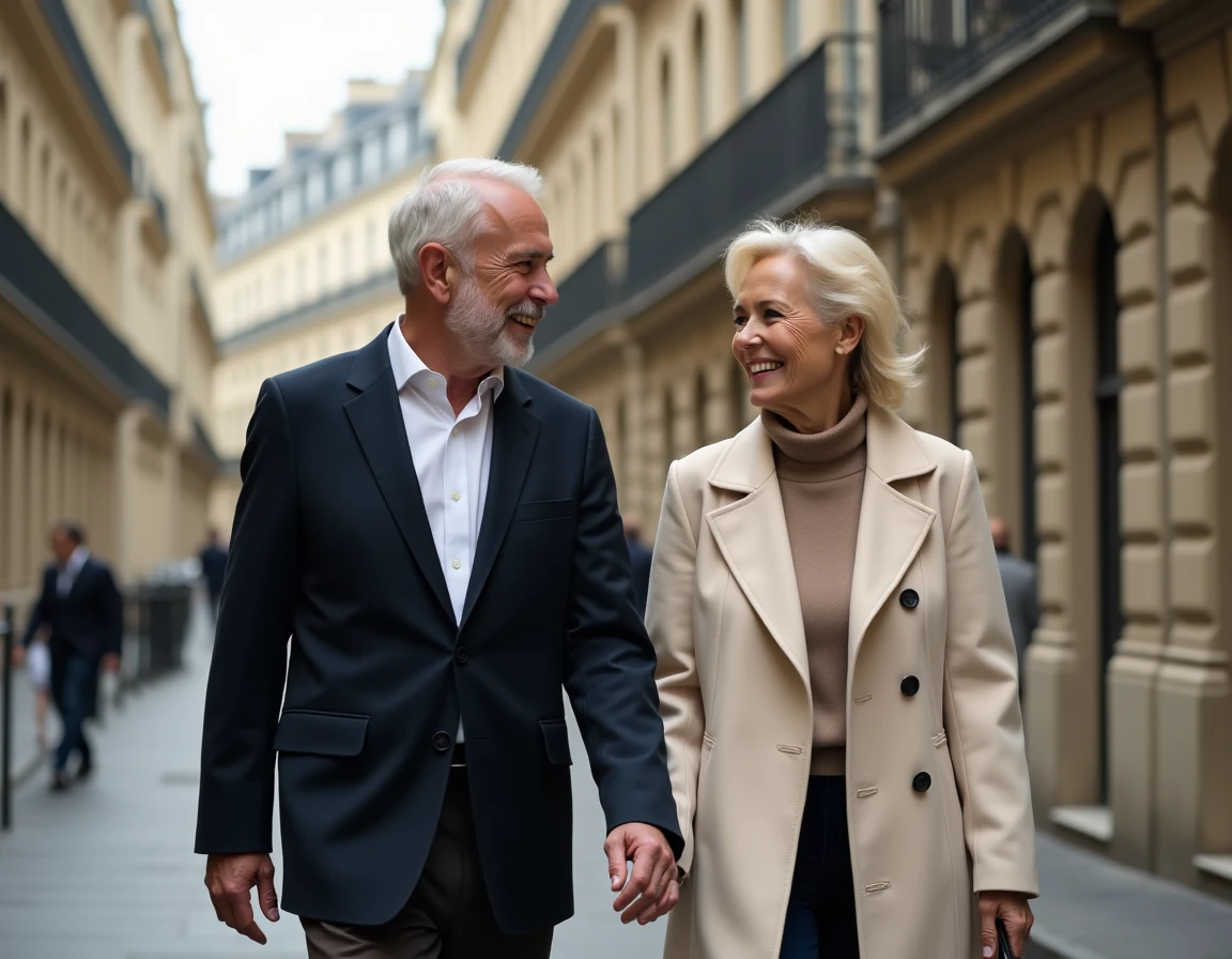 Couple élégant dans la soixantaine se promenant dans une rue parisienne haussmannienne, illustrant la vie amoureuse de Michel Platini et sa nouvelle compagne