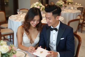 Jeune couple souriant lors de leur mariage en intérieur