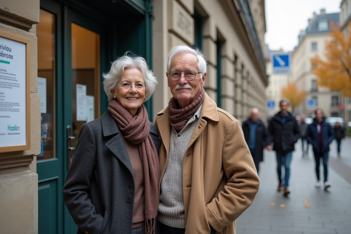 Couple senior français devant un bureau de pension en extérieur