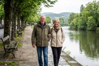 Couple senior souriant en promenade le long de la Loire