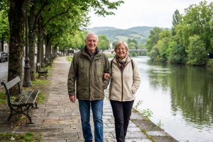 Couple senior souriant en promenade le long de la Loire