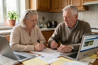 Couple de retraités consultant des documents administratifs sur le cumul AAH et retraite à la table de cuisine
