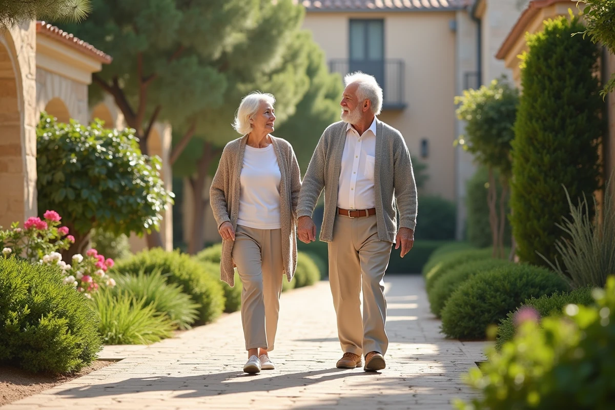 Couple de retraités se promenant dans un jardin