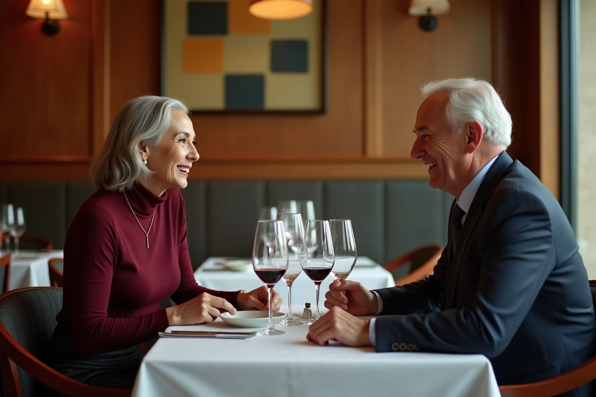 Couple de seniors distingués partageant un dîner romantique dans un restaurant gastronomique, illustrant les rencontres élitistes après 50 ans