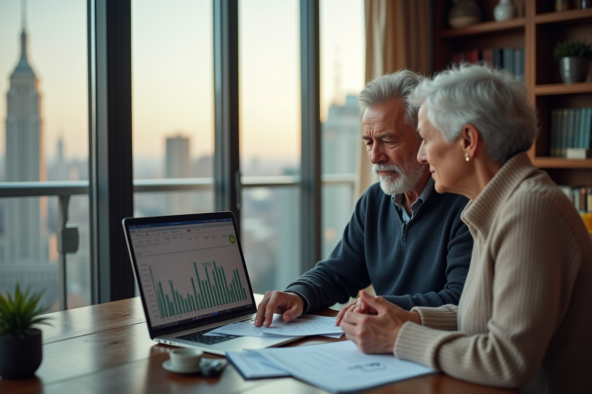 Couple senior dans un salon moderne analysant des documents financiers