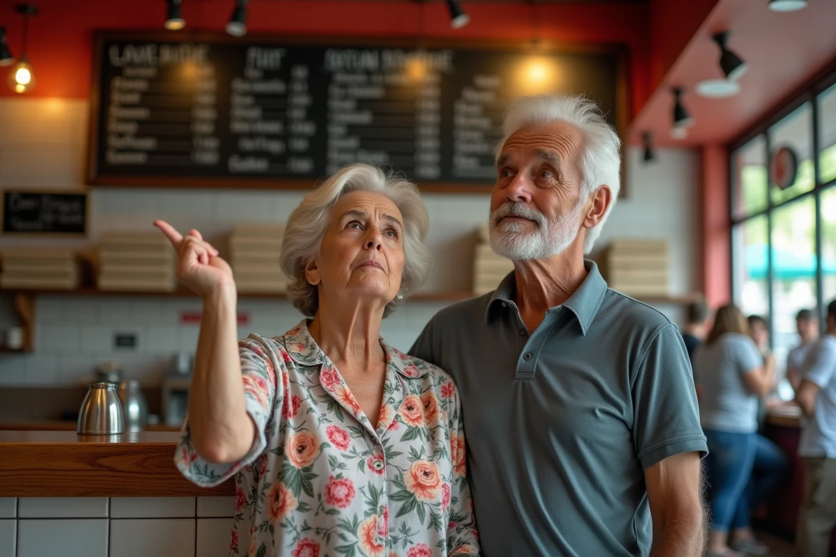 Couple de seniors perplexe face aux différentes tailles de pizzas au comptoir d'une pizzeria