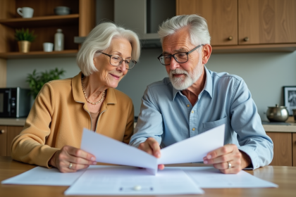 Couple senior détendu examinant des documents à la maison