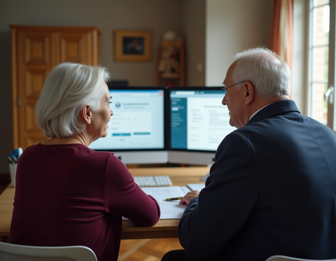 Couple de seniors consultant ensemble leur espace Carsat Strasbourg sur un ordinateur de bureau dans leur salon