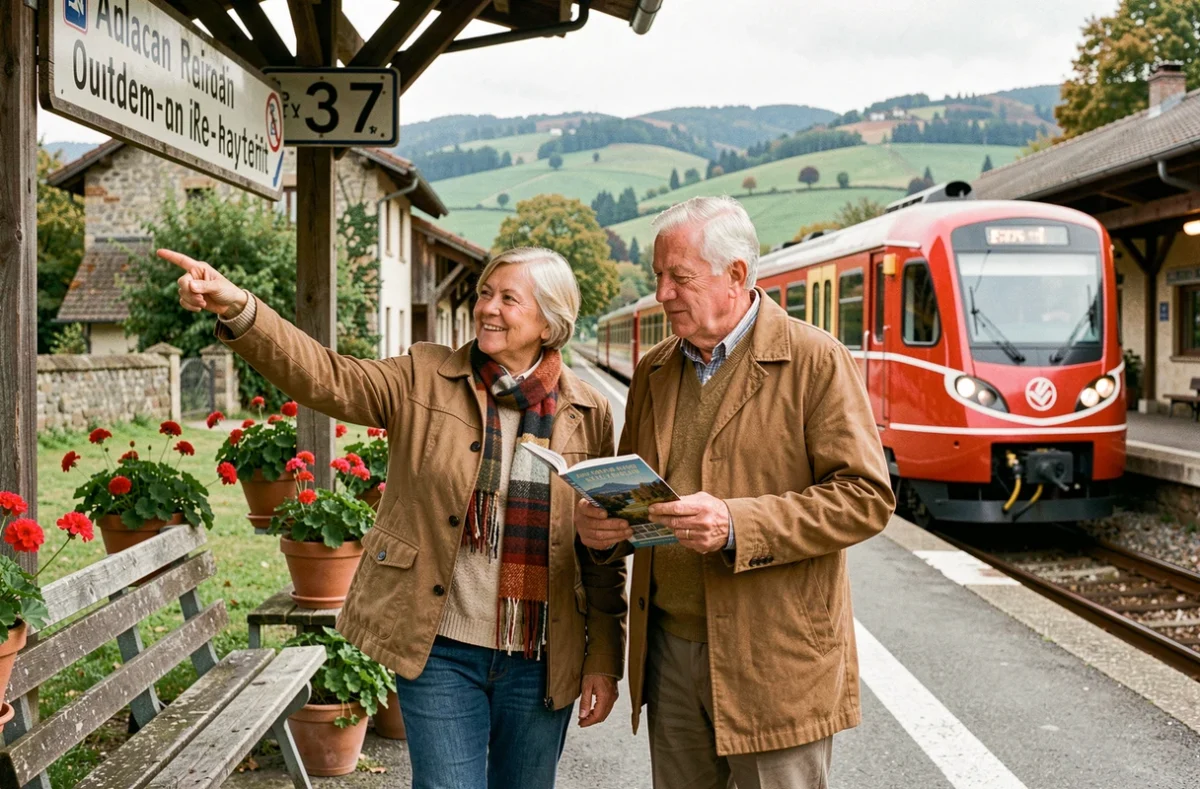 Couple de seniors devant un train régional en gare rurale européenne lors d'un voyage avec réductions