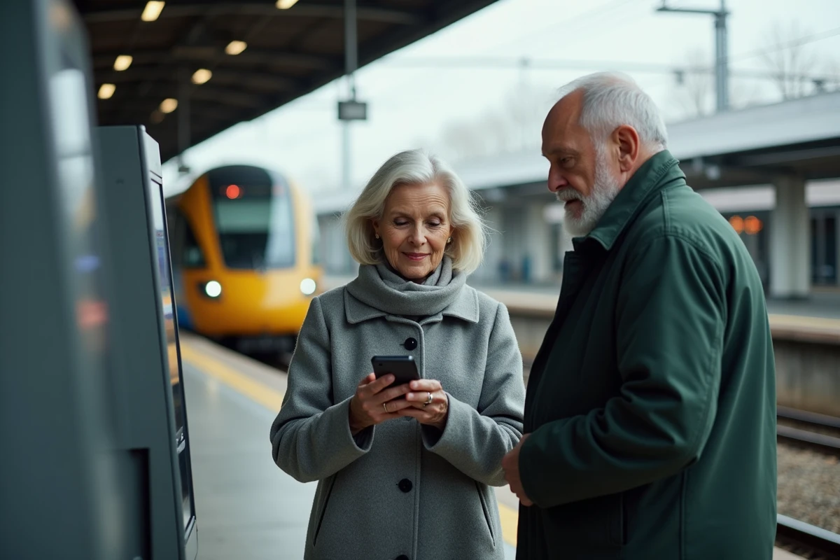 Couple de seniors validant une carte SNCF dématérialisée sur smartphone sur un quai de gare TER