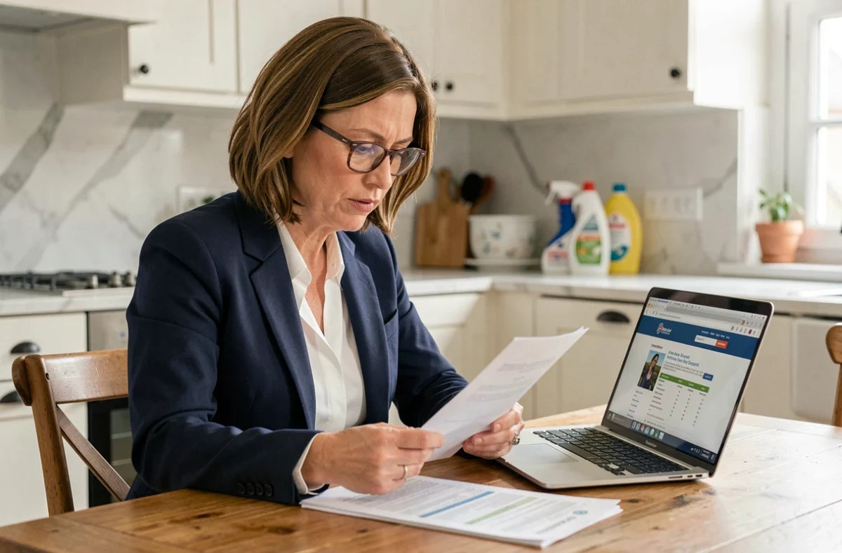 Femme consultant des documents fiscaux pour déclarer son aide ménagère et bénéficier du crédit d'impôt