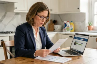 Femme consultant des documents fiscaux pour déclarer son aide ménagère et bénéficier du crédit d'impôt