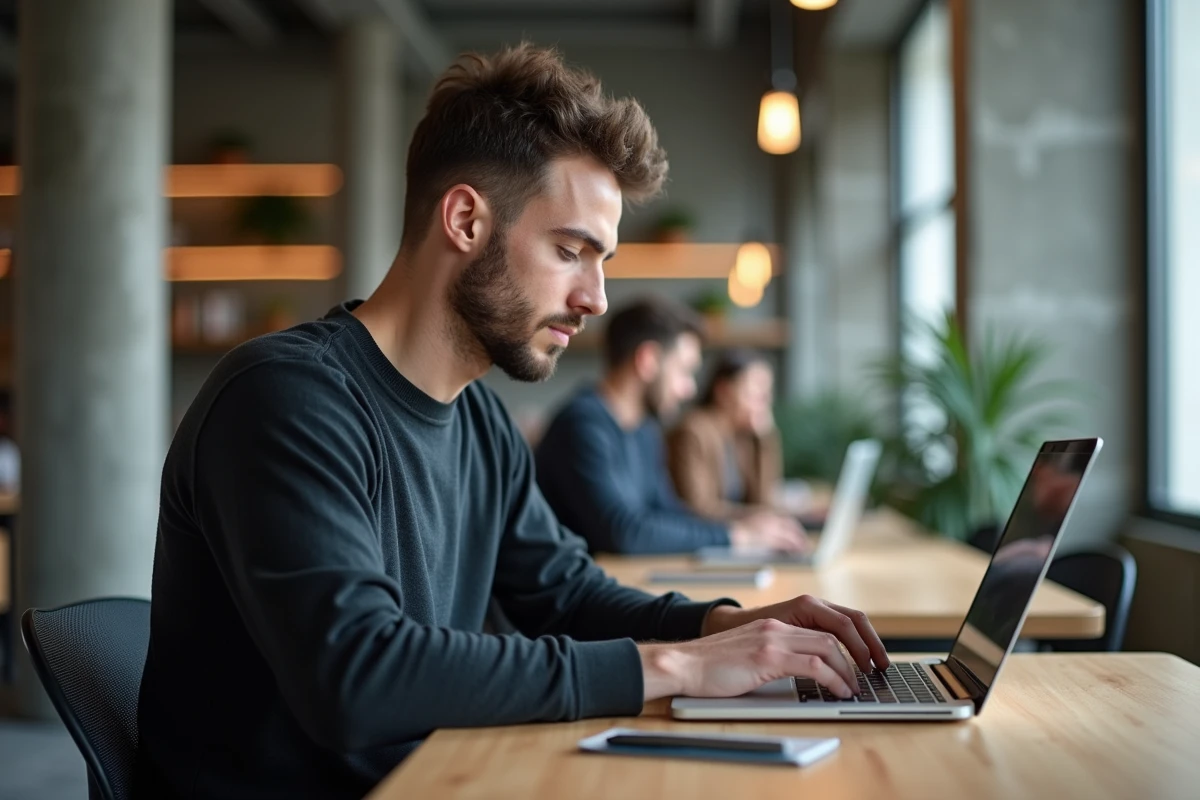 Homme créant son profil sur Quintonic Lyon depuis un espace de coworking moderne, illustrant les conseils pour optimiser sa présence sur la plateforme