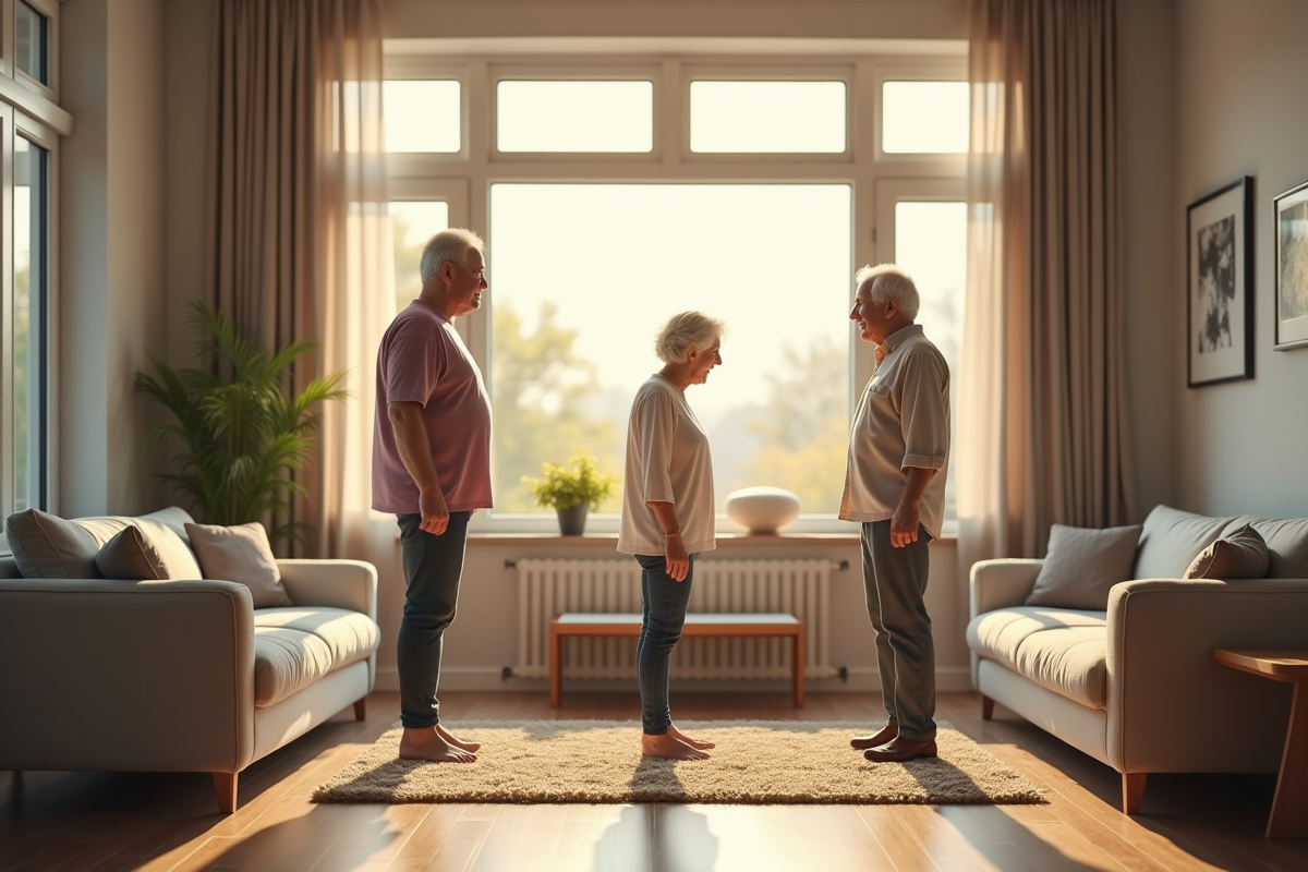 Personnes a differents ages dans un salon lumineux symbolisant le vieillissement