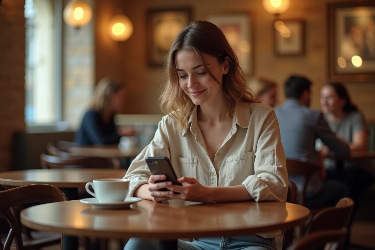 Jeune femme lyonnaise découvrant l'application Quintonic dans un café, illustrant les premières étapes pour débuter sur la plateforme