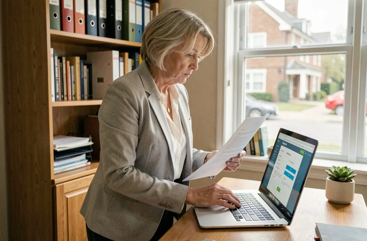 Une femme proche de la retraite effectue sa première demande en ligne sur le portail de la Cnav depuis son bureau à domicile