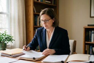 Femme consultant des documents administratifs après un décès, assise à un bureau avec des papiers officiels et des enveloppes