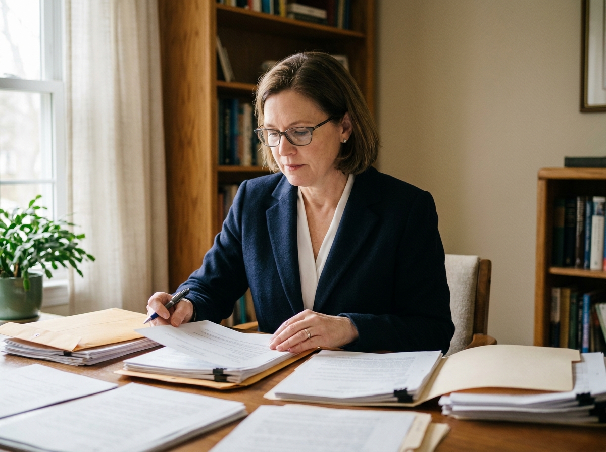 Femme consultant des documents administratifs après un décès, assise à un bureau avec des papiers officiels et des enveloppes