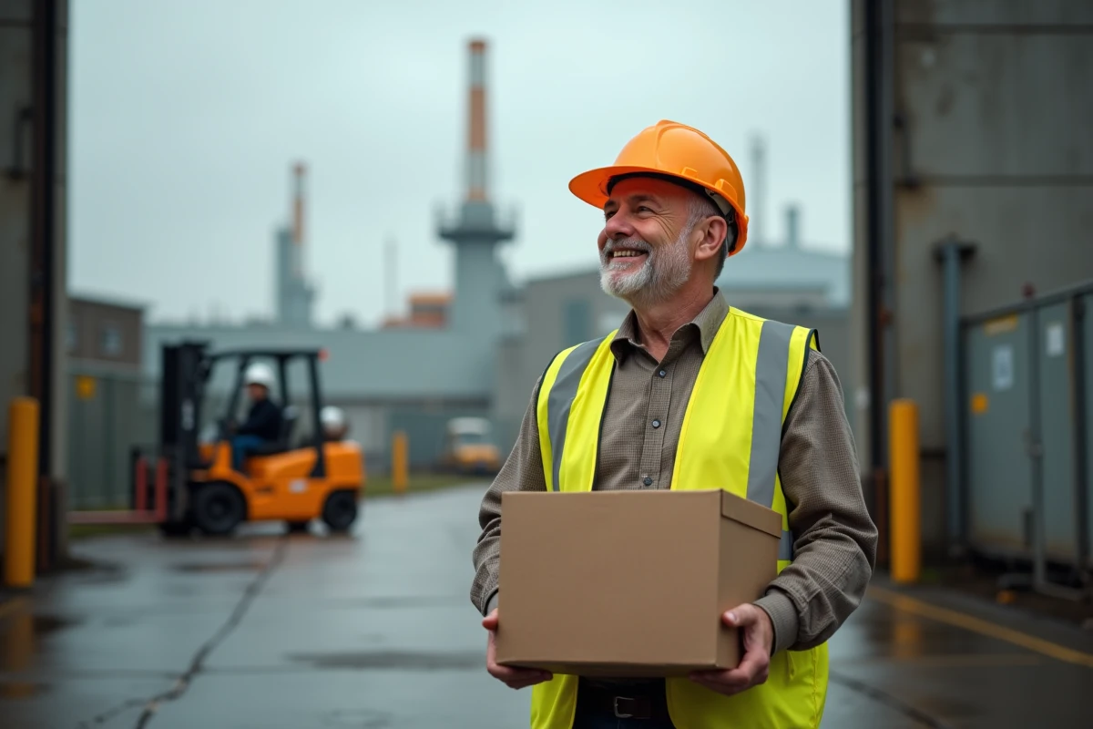 Agent de maîtrise quittant son usine à la retraite après une longue carrière industrielle, tenant ses affaires personnelles