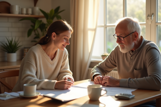 Fille adulte discutant avec son père à la table de cuisine