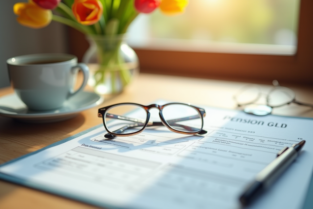 Document de retraite avec lunettes sur une table en bois et tulipes