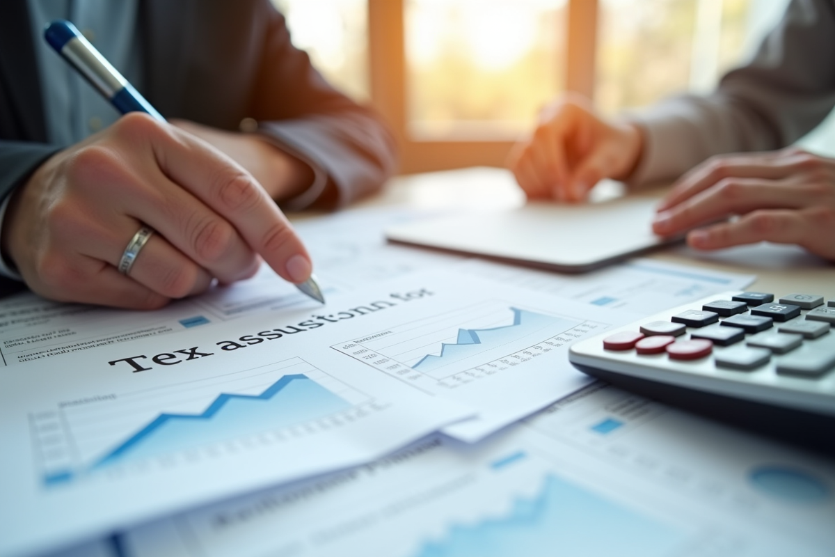 Documents financiers et calculatrice sur un bureau lumineux