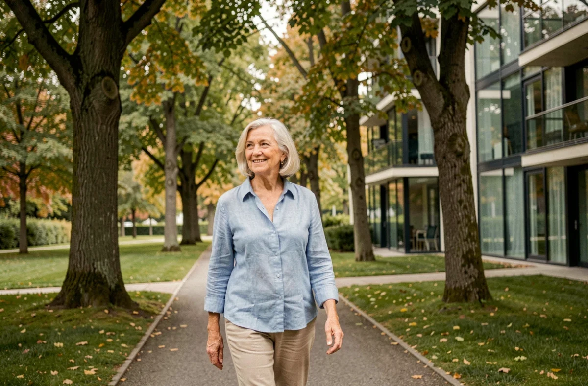 Résidente senior se promenant sur le chemin arboré de la résidence DOMITYS L'Orée du Bois à Rennes