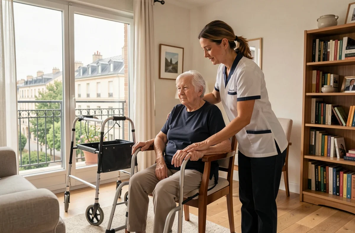 Une professionnelle de DomusVi Domicile Melun accompagne une personne âgée dans ses exercices de mobilité à domicile.