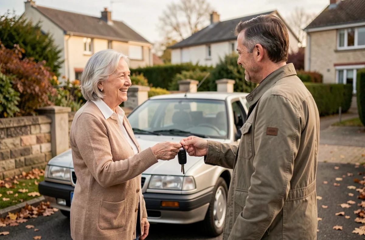 Une femme âgée remet les clés de sa voiture à son voisin dans une allée résidentielle, illustrant le don de véhicule entre particuliers