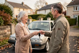 Une femme âgée remet les clés de sa voiture à son voisin dans une allée résidentielle, illustrant le don de véhicule entre particuliers