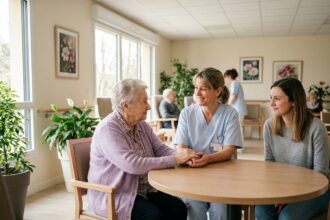 Une résidente âgée et une aide-soignante en EHPAD partagent un moment chaleureux en présence d'un membre de la famille