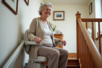Femme âgée souriante sur un monte-escalier moderne à la maison