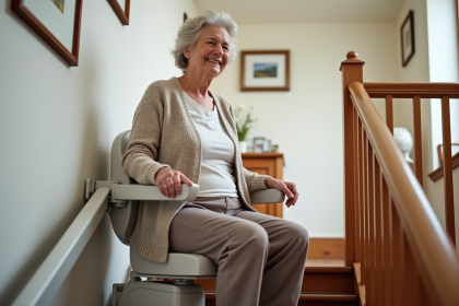 Femme âgée souriante sur un monte-escalier moderne à la maison