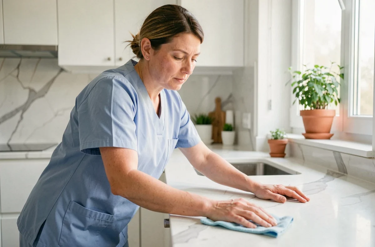 Employée de ménage en uniforme bleu nettoyant un plan de travail dans une cuisine moderne d'appartement français