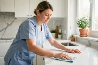 Employée de ménage en uniforme bleu nettoyant un plan de travail dans une cuisine moderne d'appartement français